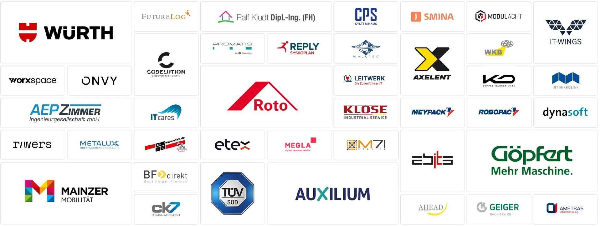 Auswahl betreuter Unternehmen, darunter Würth, Roto, TÜV Süd, Auxilium, Metalux und weitere B2B-Marken