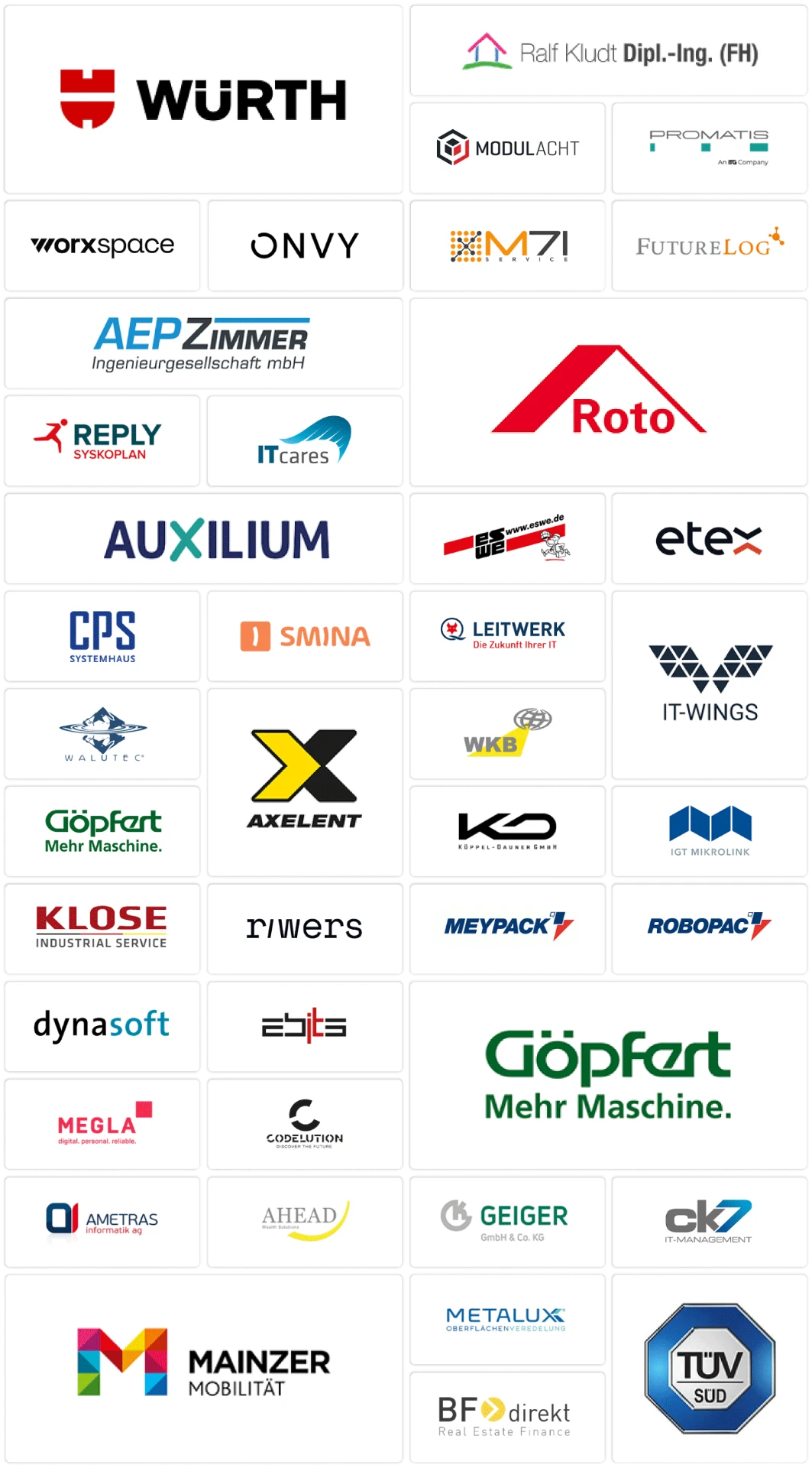 Auswahl betreuter Unternehmen, darunter Würth, Roto, TÜV Süd, Auxilium, Metalux und weitere B2B-Marken